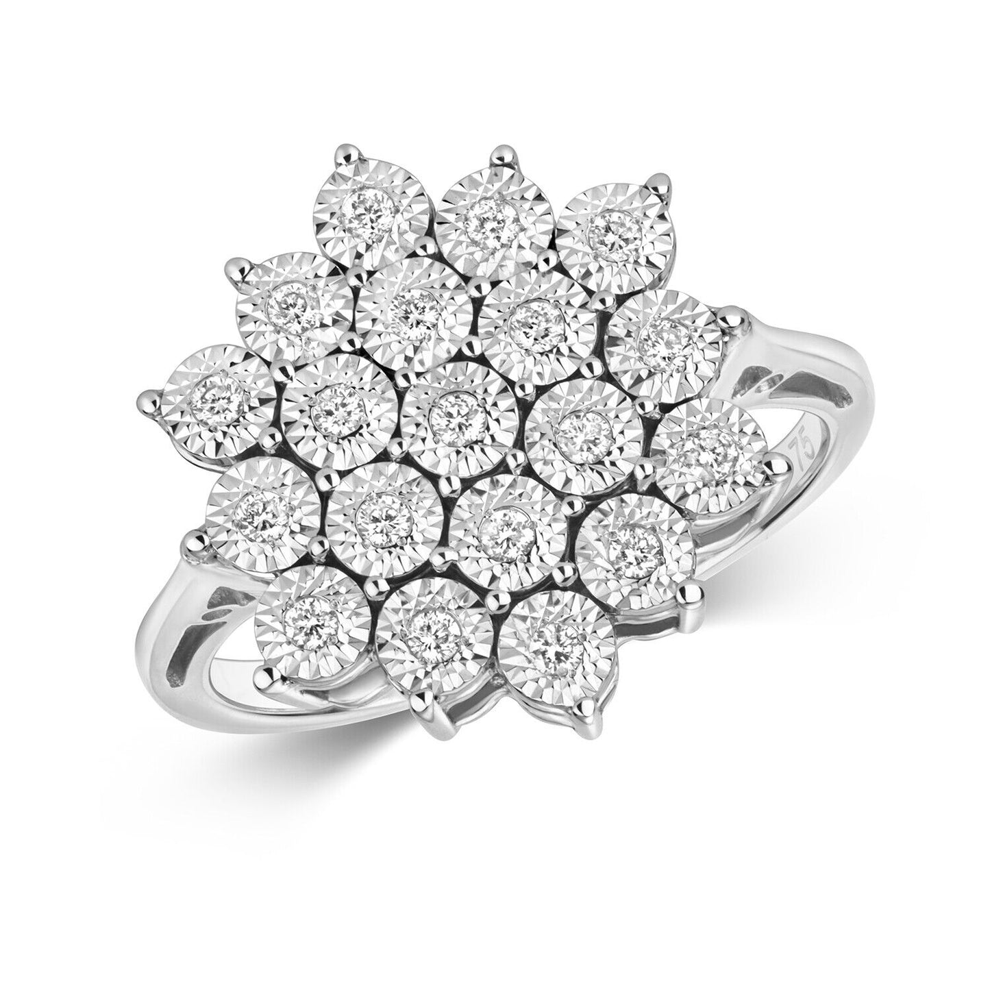 Real Diamond Ring Large Cluster 9ct White Gold Engagement 0.20ctw Size J - Q