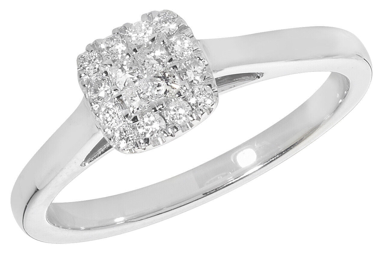 Real Diamond Cluster Ring Princess Cut Centre 9ct White Gold 0.20ctw Size J - Q