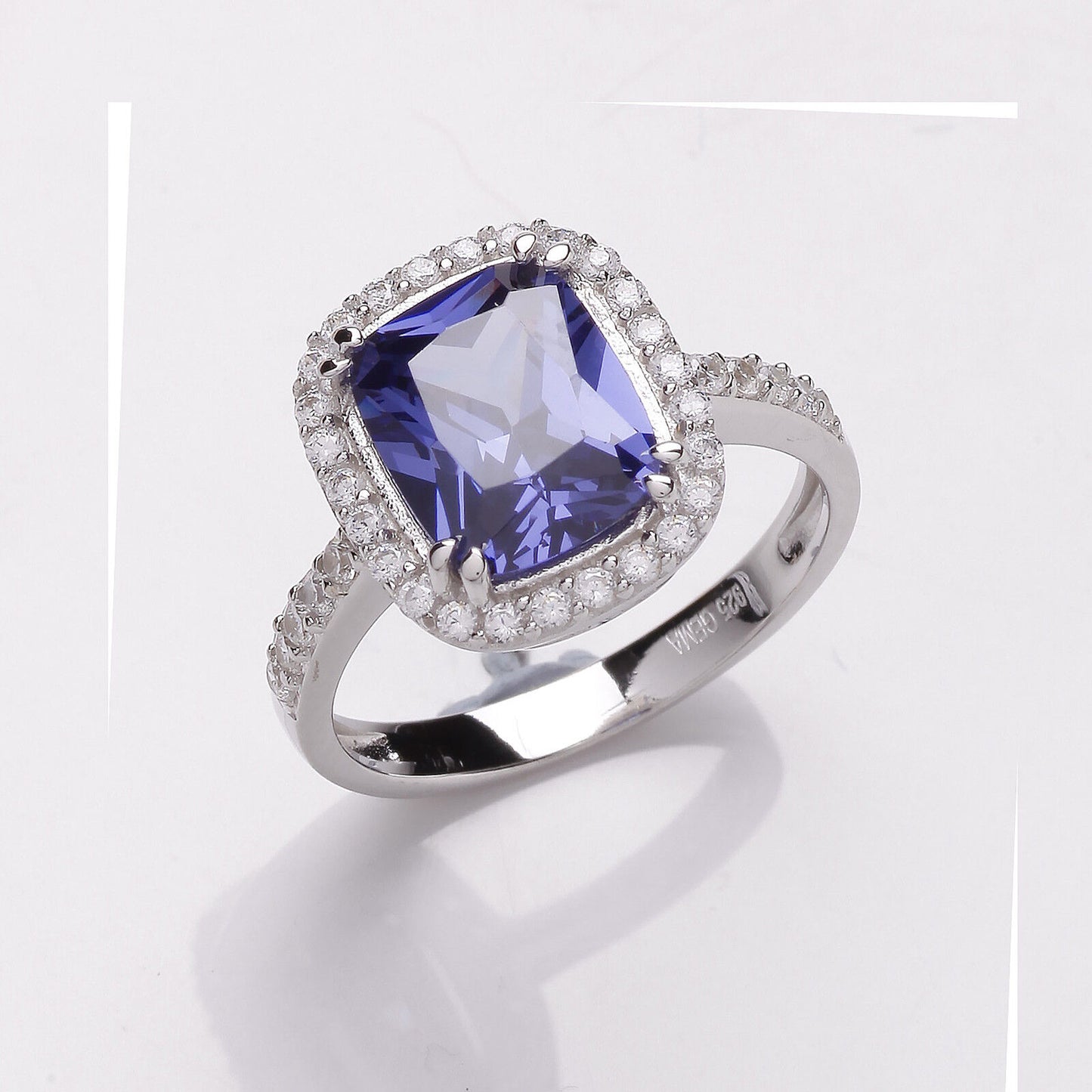 Tanzanite Halo Cluster Ring Solid Sterling Silver 925 Hallmark Platinum Finish