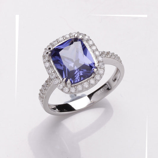 Tanzanite Halo Cluster Ring Solid Sterling Silver 925 Hallmark Platinum Finish