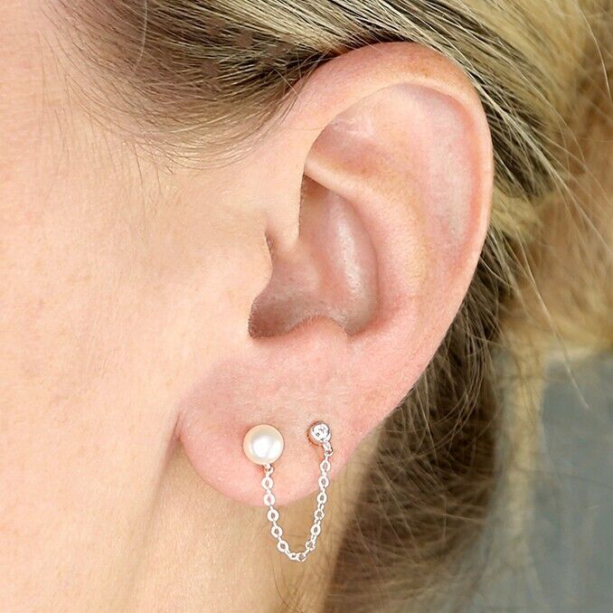 Freshwater Pearl Double Stud Earrings With a Chain Drop Solid Sterling Silver