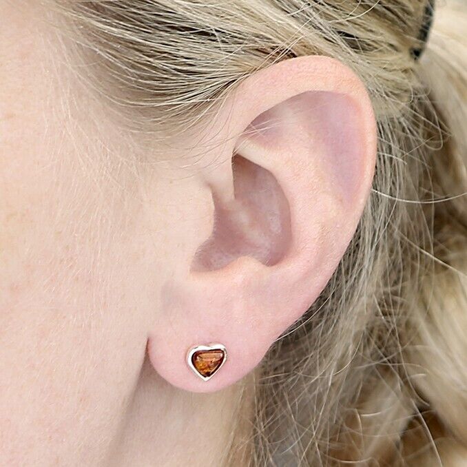 Cognac Amber Heart Stud Earrings 7mm Solid Sterling Silver 925