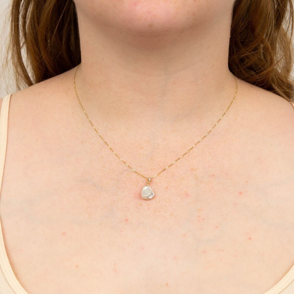 Keshi Pearl and Diamond Pendant and Earrings Set Yellow Gold 16 18 or 20" Chain