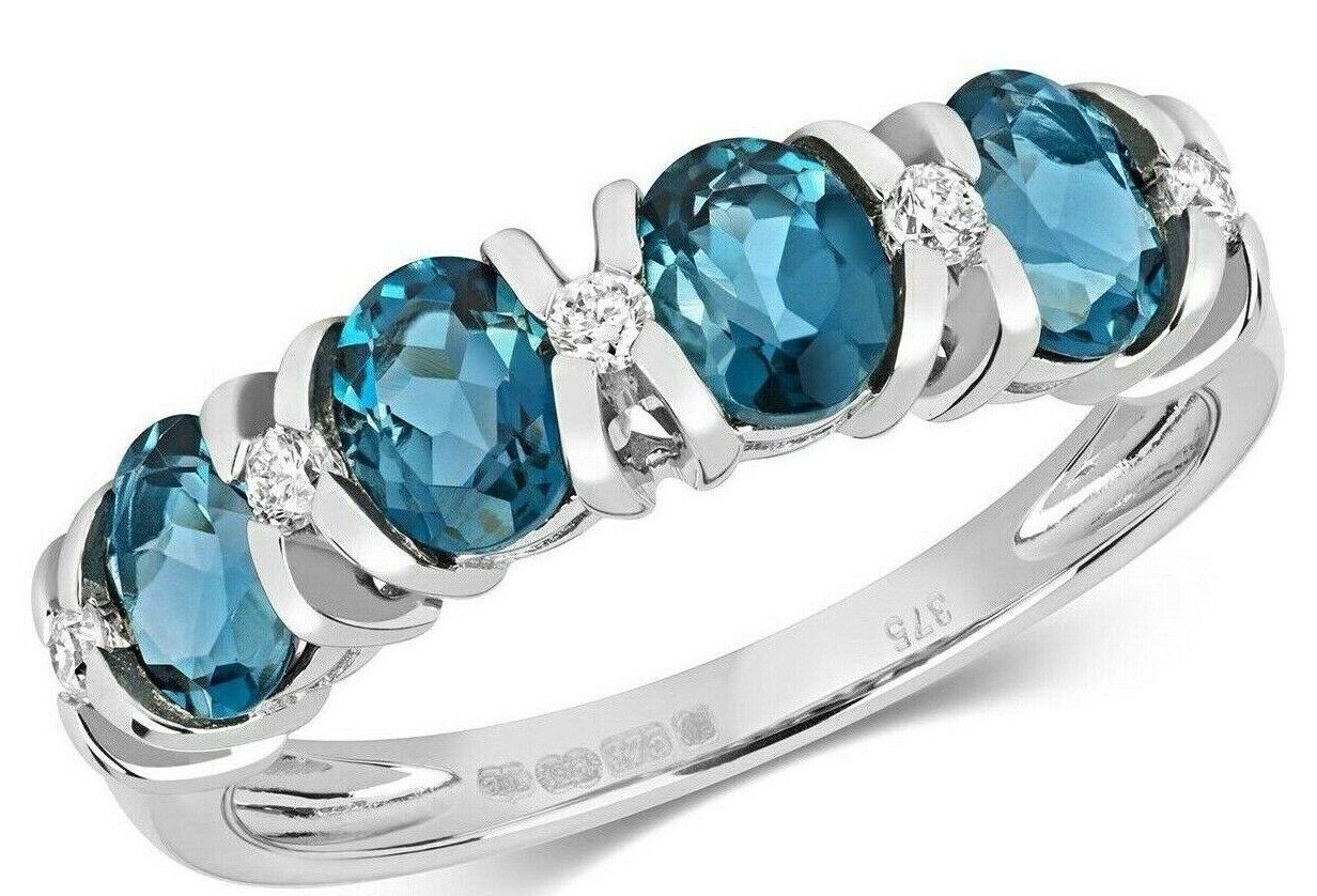 Real London Blue Topaz and Diamond Eternity Ring Solid White Gold Band