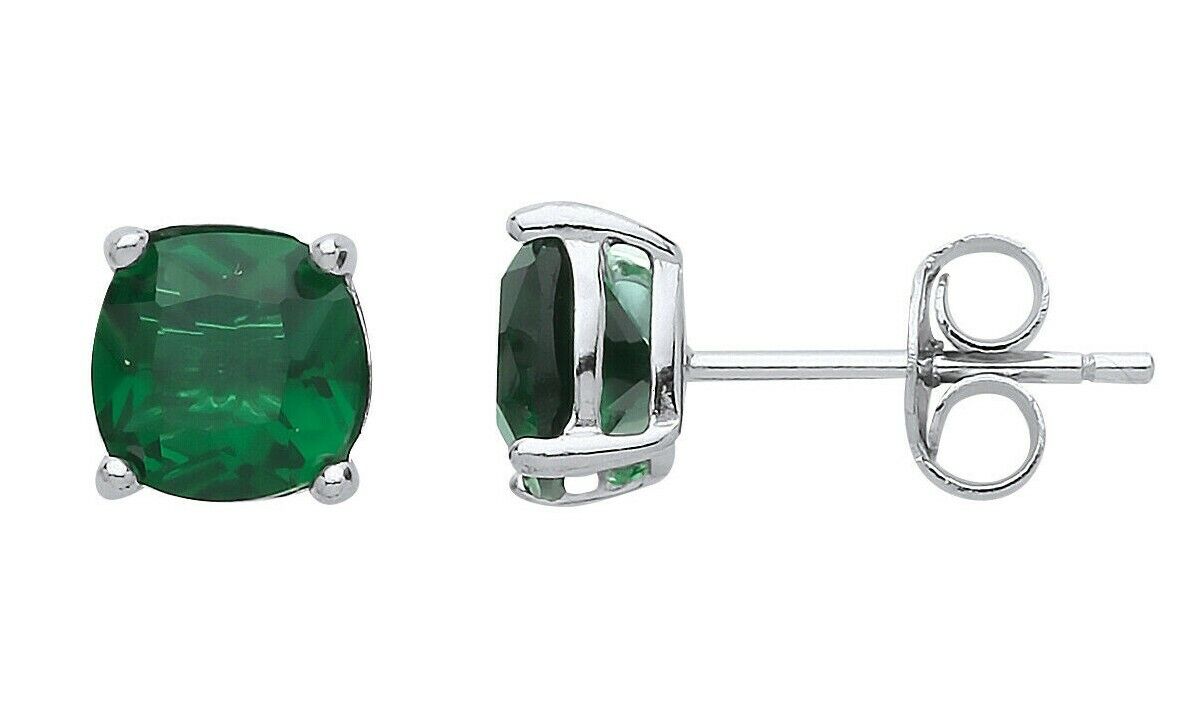 Emerald Cushion Stud Earrings Sterling Silver Rhodium Plated 925 Hallmark 6mm