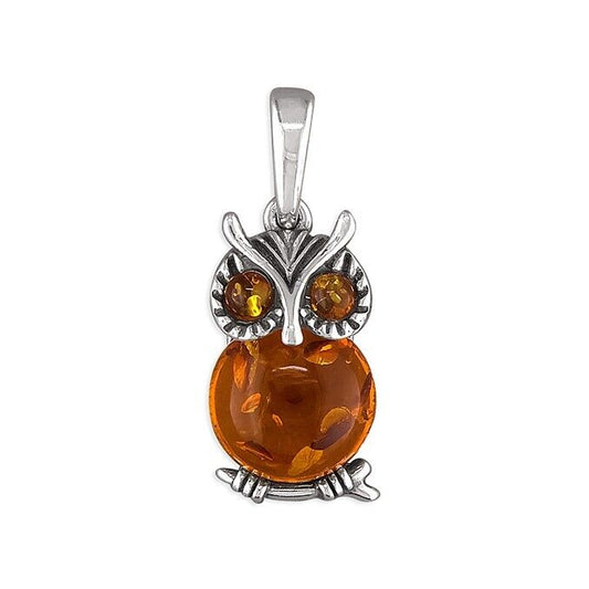 Cognac Amber Small Owl Pendant and Chain Solid Sterling Silver 925