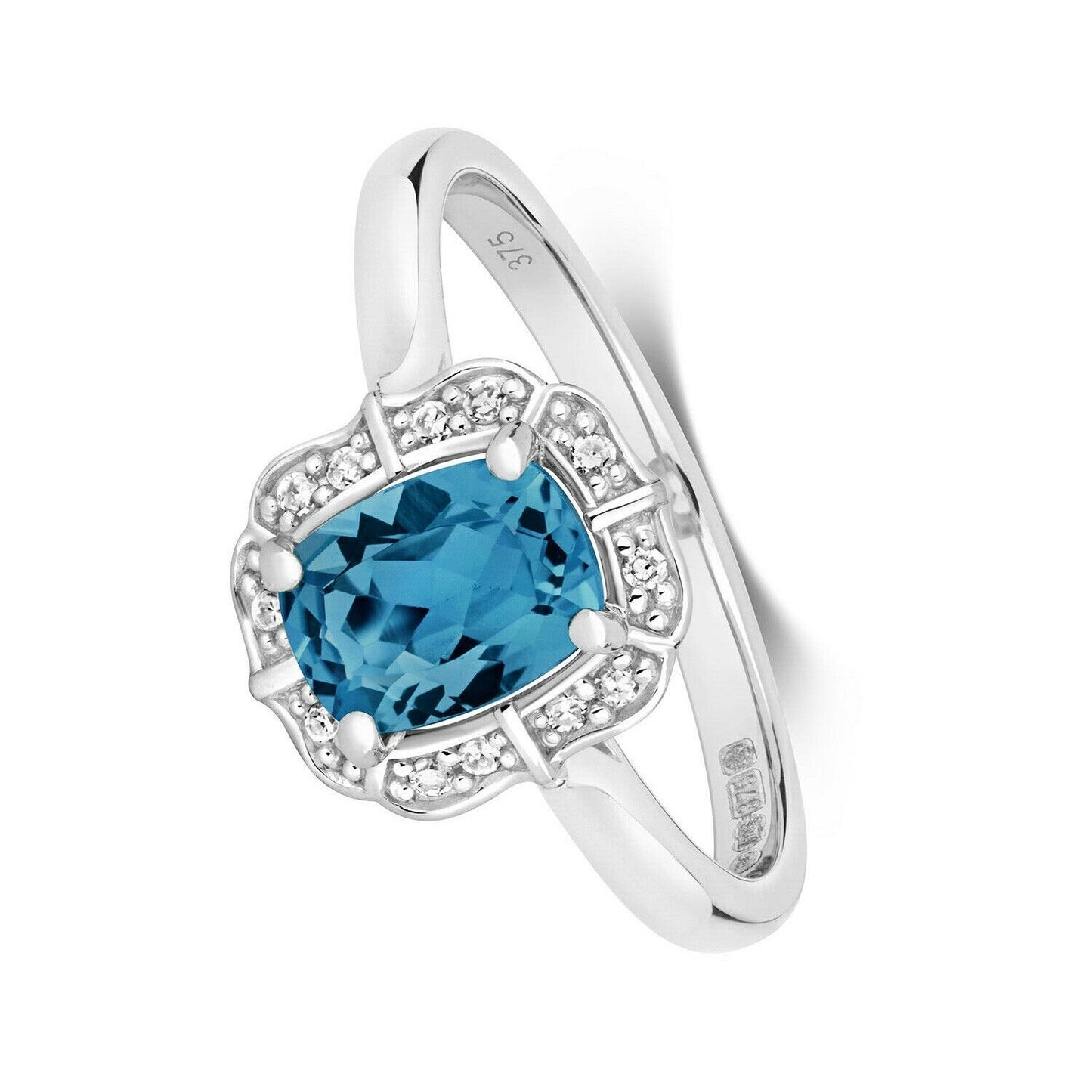 Real London Blue Topaz and Diamond Ring Solid White Gold Cushion Size JKLMNOPQ