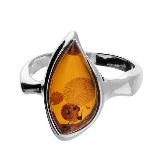 Cognac Amber Abstract Ellipse Ring Statement Solid Sterling Silver 925 Brand New