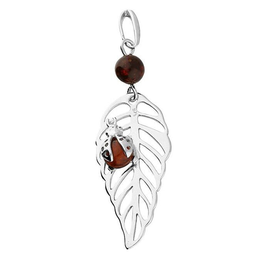 Cognac Amber Ladybird Pendant on an Open leaf & Chain Solid Sterling Silver 925