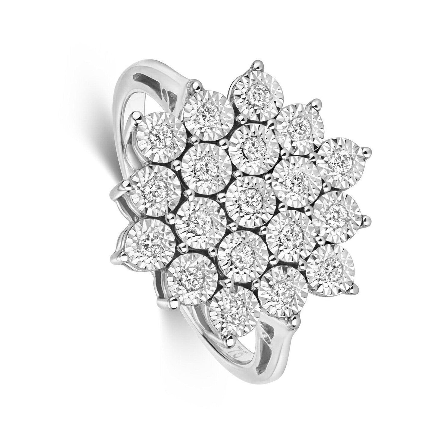 Real Diamond Ring Large Cluster 9ct White Gold Engagement 0.20ctw Size J - Q