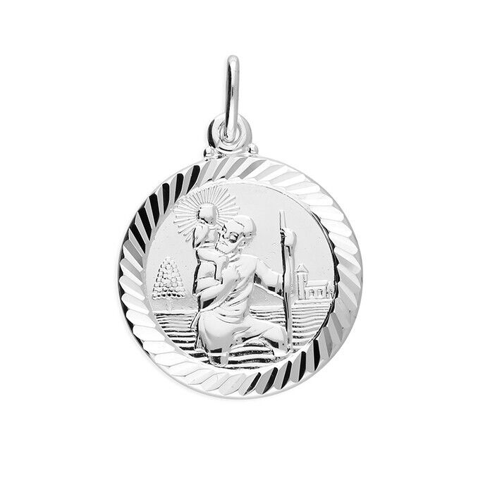 Medium Round St Christopher Pendant Travel Design Necklace 925 Sterling Silver