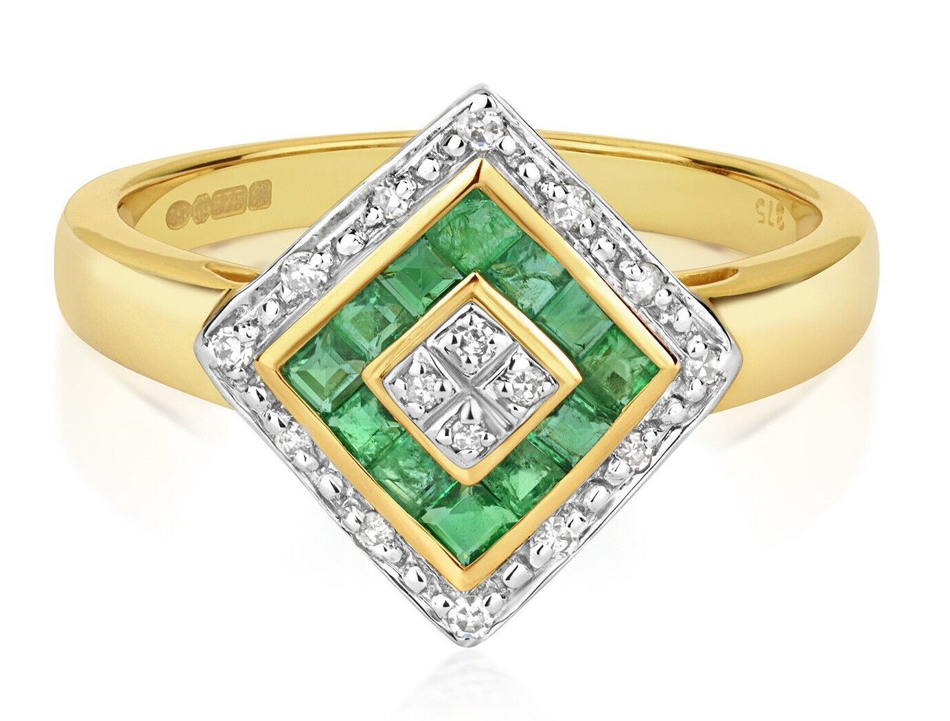 Real Emerald and Diamond Ring Solid Yellow Gold Square Cluster Size JKLMNOPQ