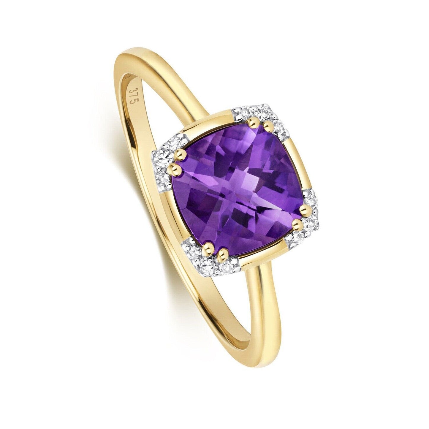 Real Amethyst and Diamond Ring Solid Yellow Gold 7mm Cushion Solitaire Size J-Q