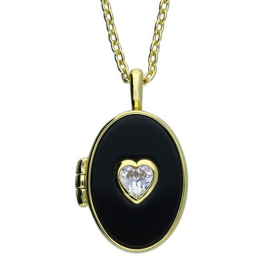 Oval Locket Black Agate 18ct Yellow Gold on 925 Sterling Silver