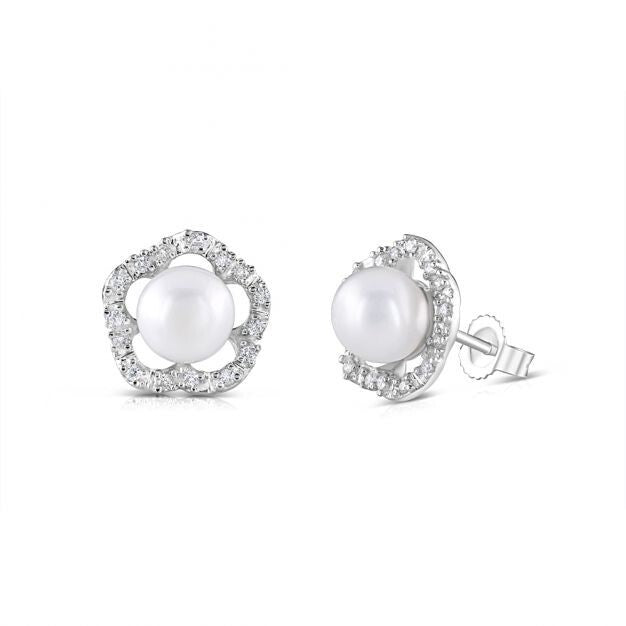 Freshwater Pearl and Diamond Flower Earrings 9ct White Gold 11mm Diameter