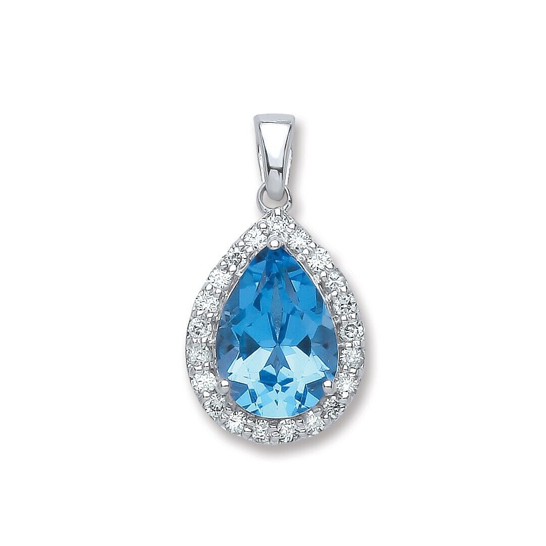 9ct White Gold 0.20ct Diamond 2.50ct Blue Topaz Pear Shape Pendant