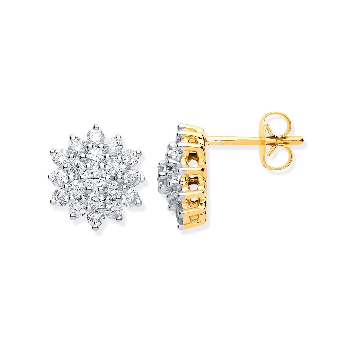 9ct Yellow Gold 1.00ct Diamond Cluster Stud Earrings Hallmarked - 10mm