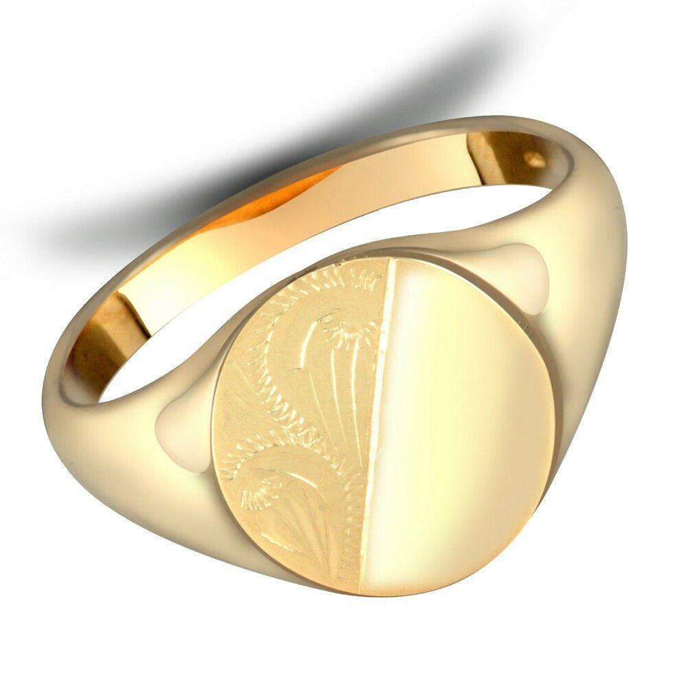 9ct Yellow Gold Gents Oval Signet Ring Half Engraved Hallmarked