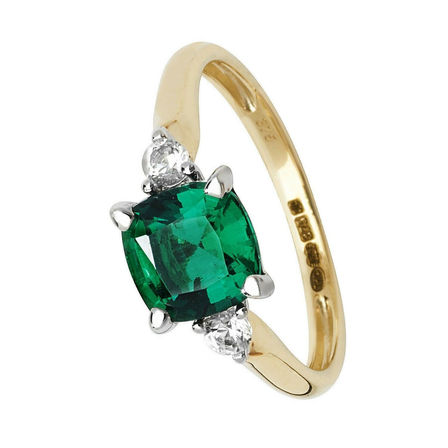 Yellow Gold Emerald Solitaire Ring Cushion White Sapphire Engagement Hallmarked