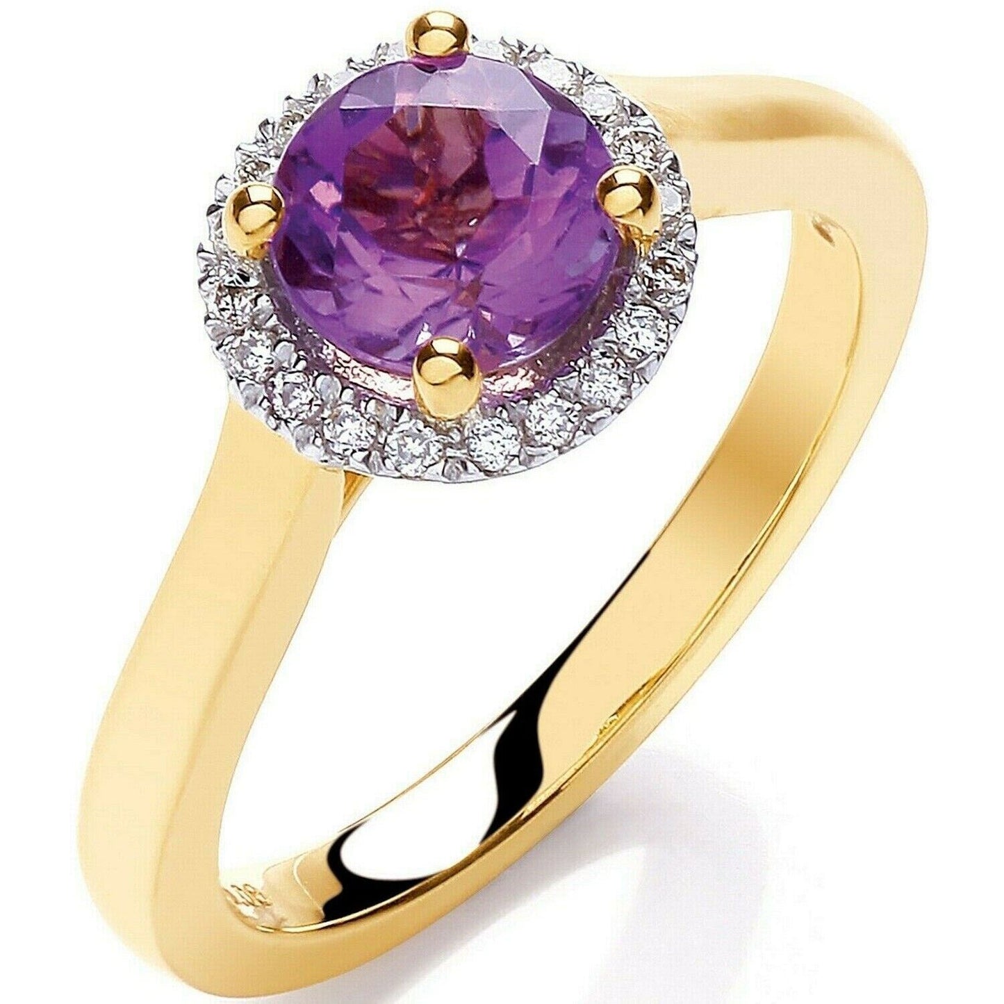 Real Amethyst and Diamond Ring Solid Yellow Gold Round Halo Engagement Size K-Q