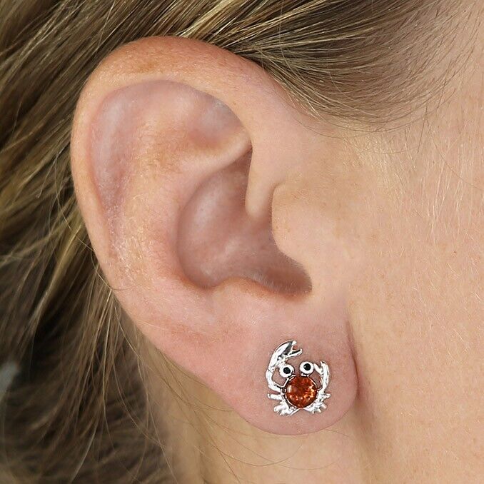 Cognac Amber Cute Crab Stud Earrings Solid Sterling Silver 925