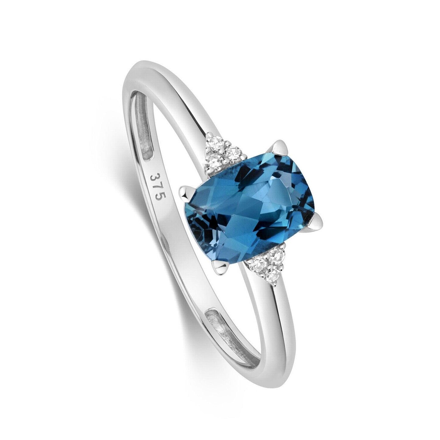 Real London Blue Topaz and Diamond Ring Solid White Gold Solitaire Size J - Q
