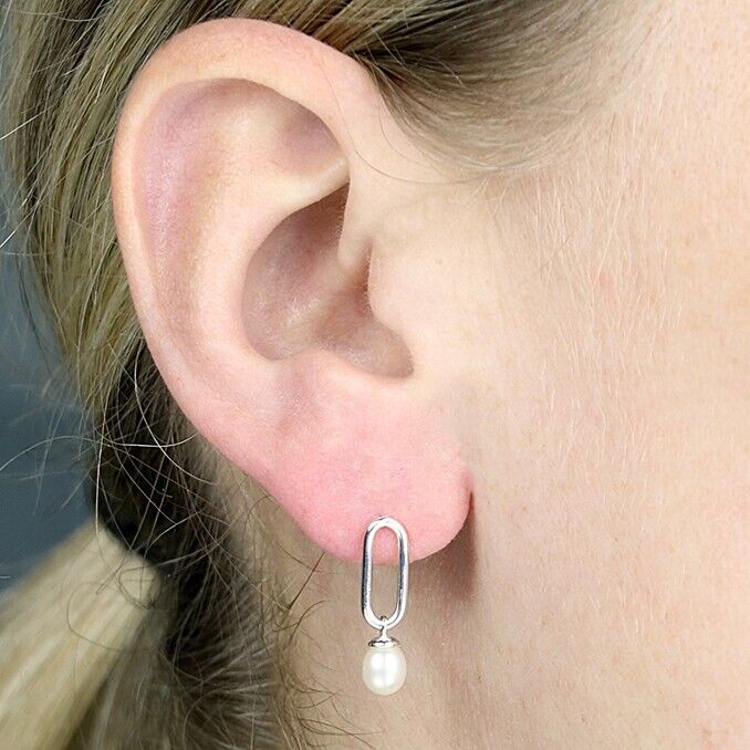 Oval with Freshwater Pearl Drop Stud Earrings Solid Sterling Silver 925