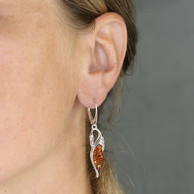 Cognac Amber Elegant Swan Earrings Hinged Leverback Solid Sterling Silver 925