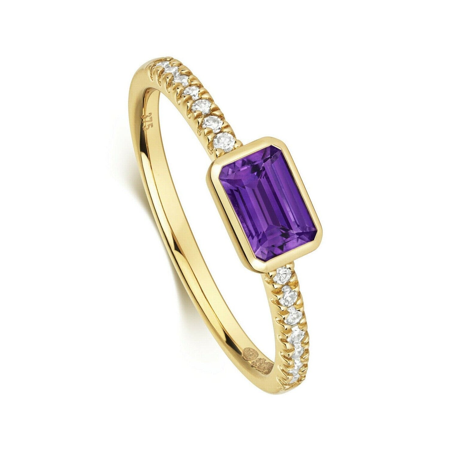 Real Amethyst and Diamond Ring Solid Yellow Gold Emerald Cut Solitaire Size J-Q