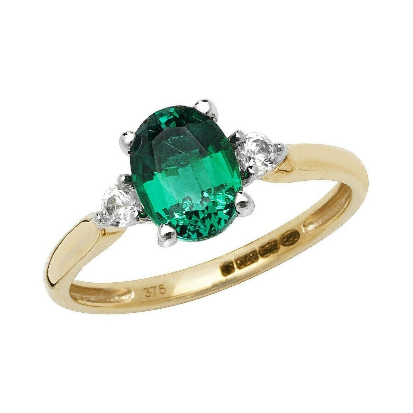 Yellow Gold Emerald Ring Solitaire Oval White Sapphire Engagement Hallmarked