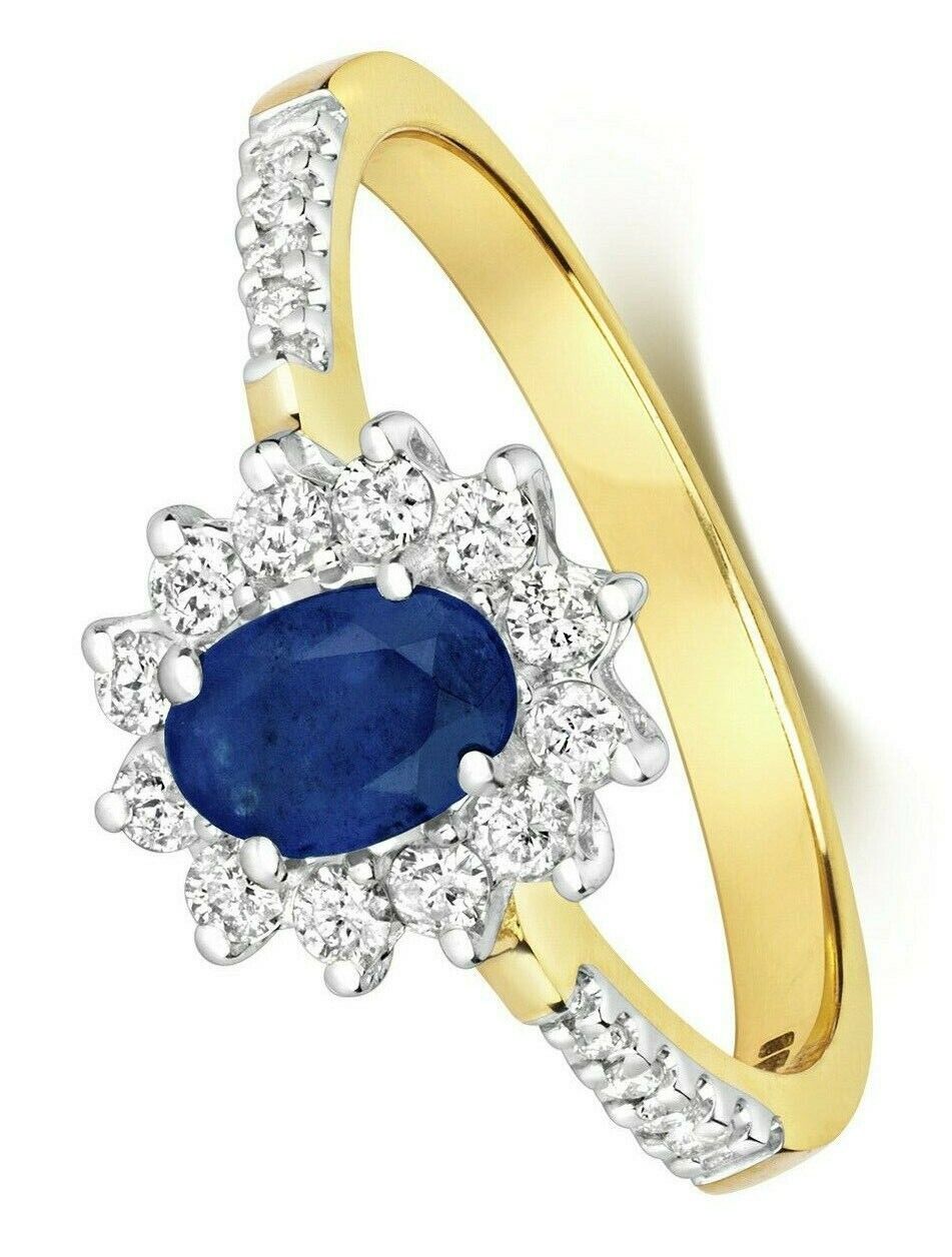 Real Sapphire and Diamond Ring 9ct yellow Gold Oval Cluster Engagement Size J-Q