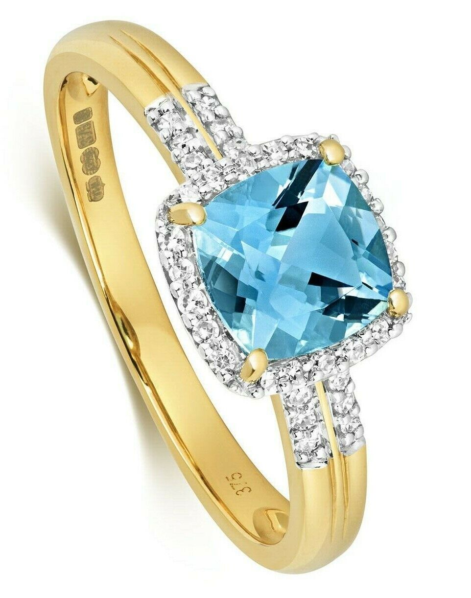 Real Swiss Blue Topaz and Diamond Ring Solid Yellow Gold Cushion Size J - Q