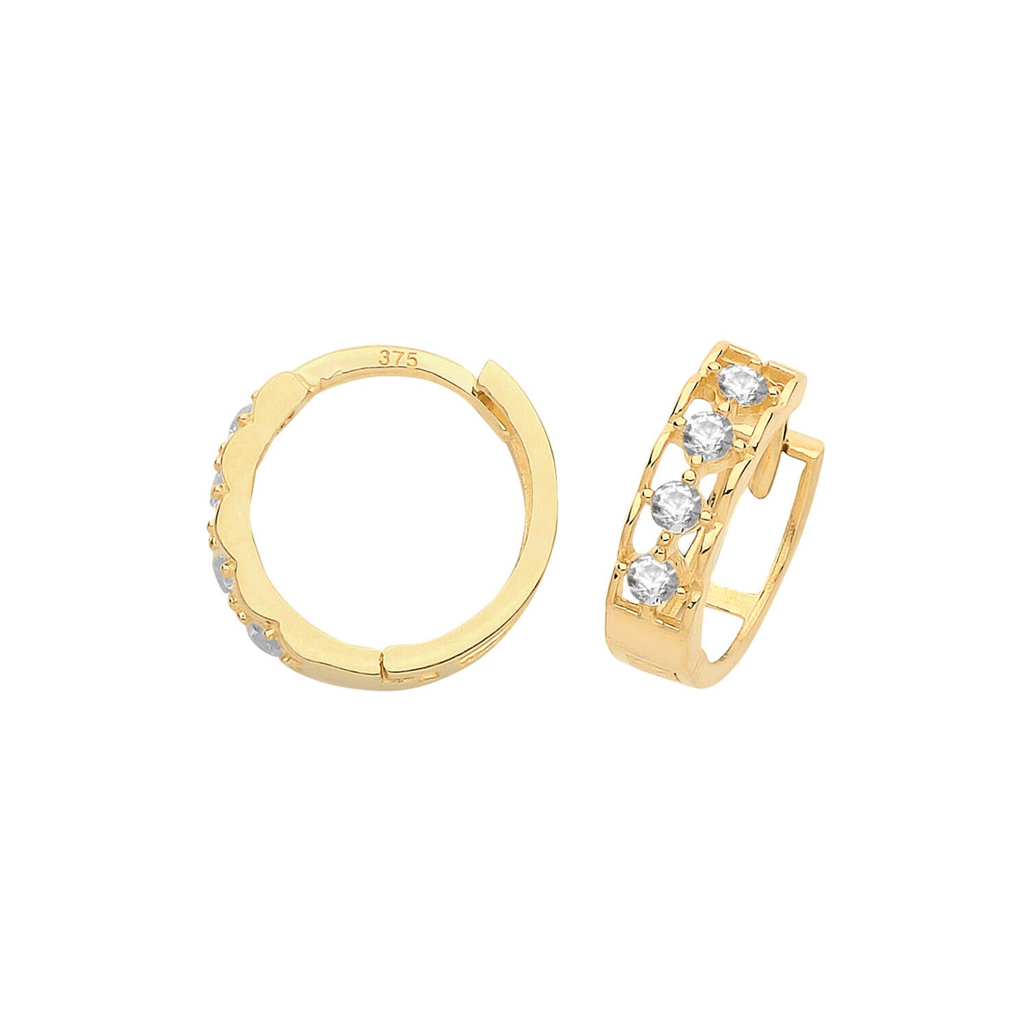 Yellow Gold Huggie Earrings Gemstone Hoop 12mm British made 375 Hallmark