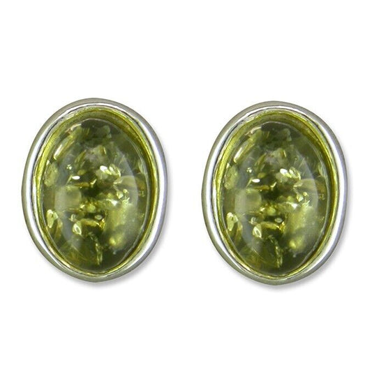 Green Amber Oval Stud Earrings 8 x 6mm Solid Sterling Silver 925