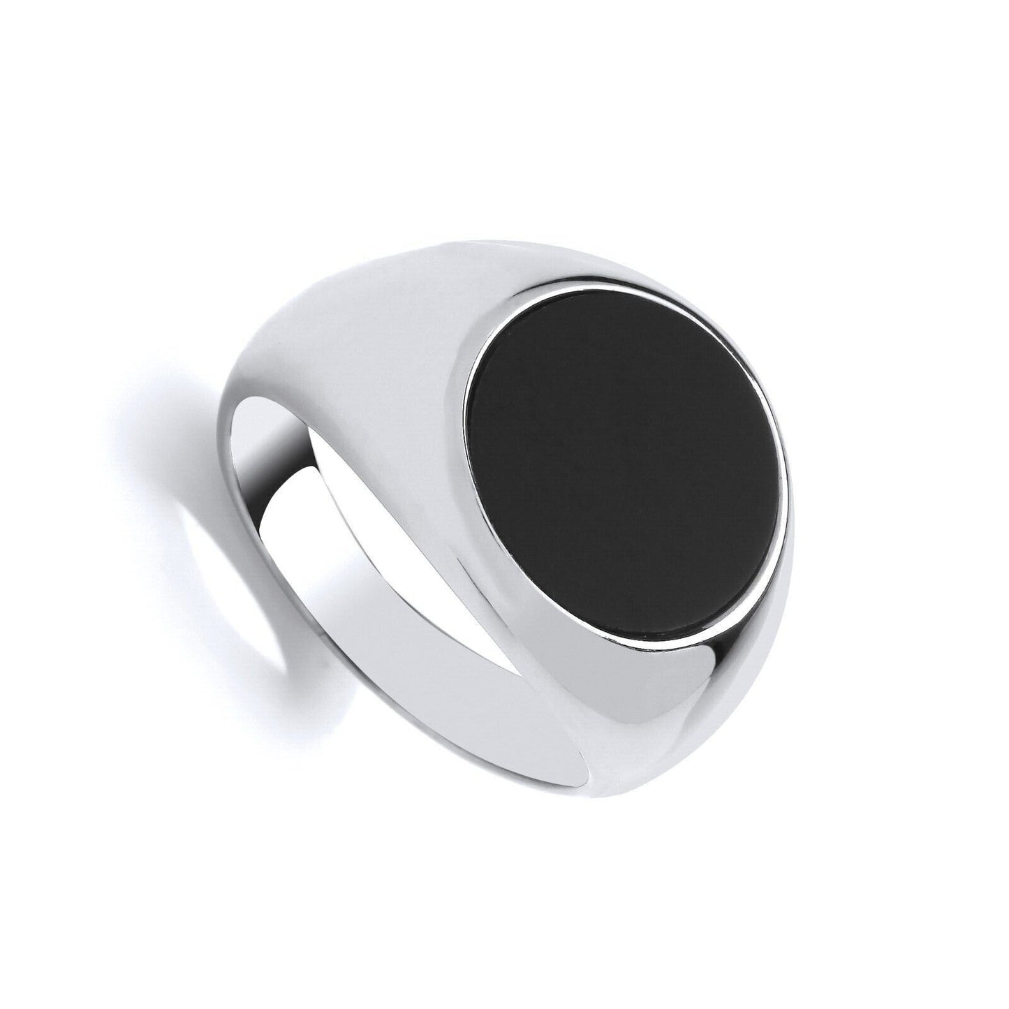 Men's Black Onyx Round Signet Ring Solid Sterling Silver 925 Hallmarked