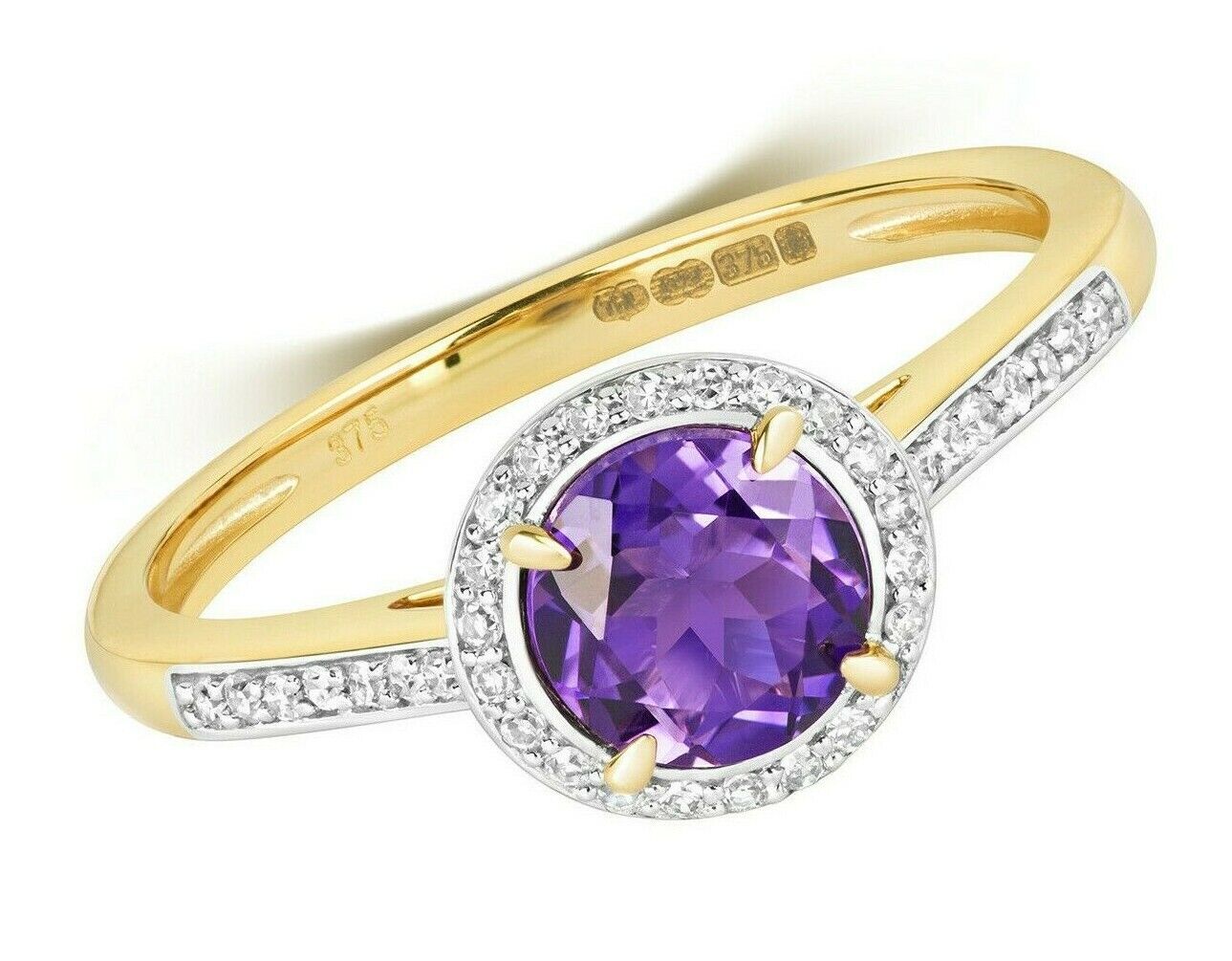 Real Amethyst and Diamond Ring Solid Yellow Gold Round Cluster Size J - Q