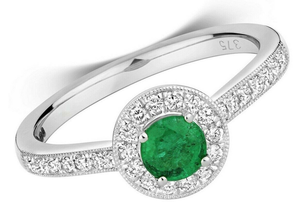 Real Emerald and Diamond Ring 9ct White Gold Round Cluster Halo Engagement