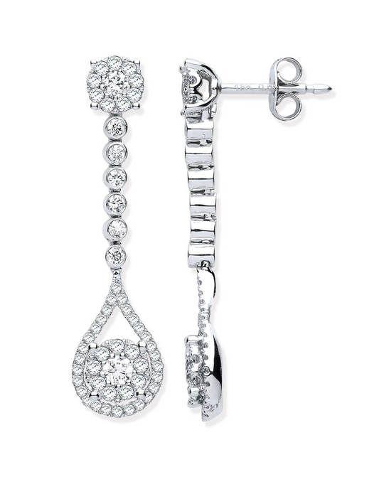 18ct White Gold 1.00ct Diamond Pear Shape Design Drop Earrings 31mm Hallmarked