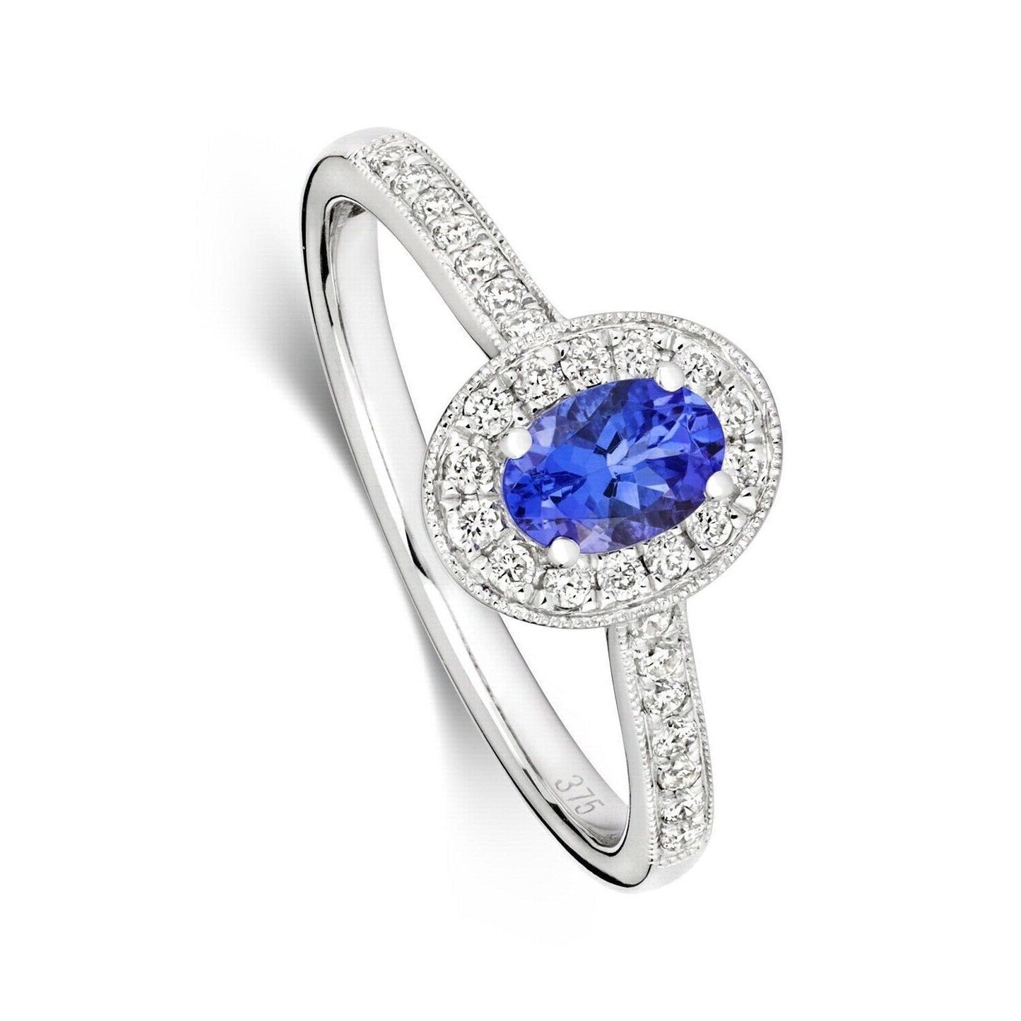 Real Tanzanite and Diamond Ring 9ct White Gold Oval Halo Cluster Size J - Q