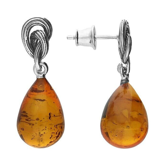 Cognac Amber Earrings Oxidised Twisted Knot Drop Solid Sterling Silver 925