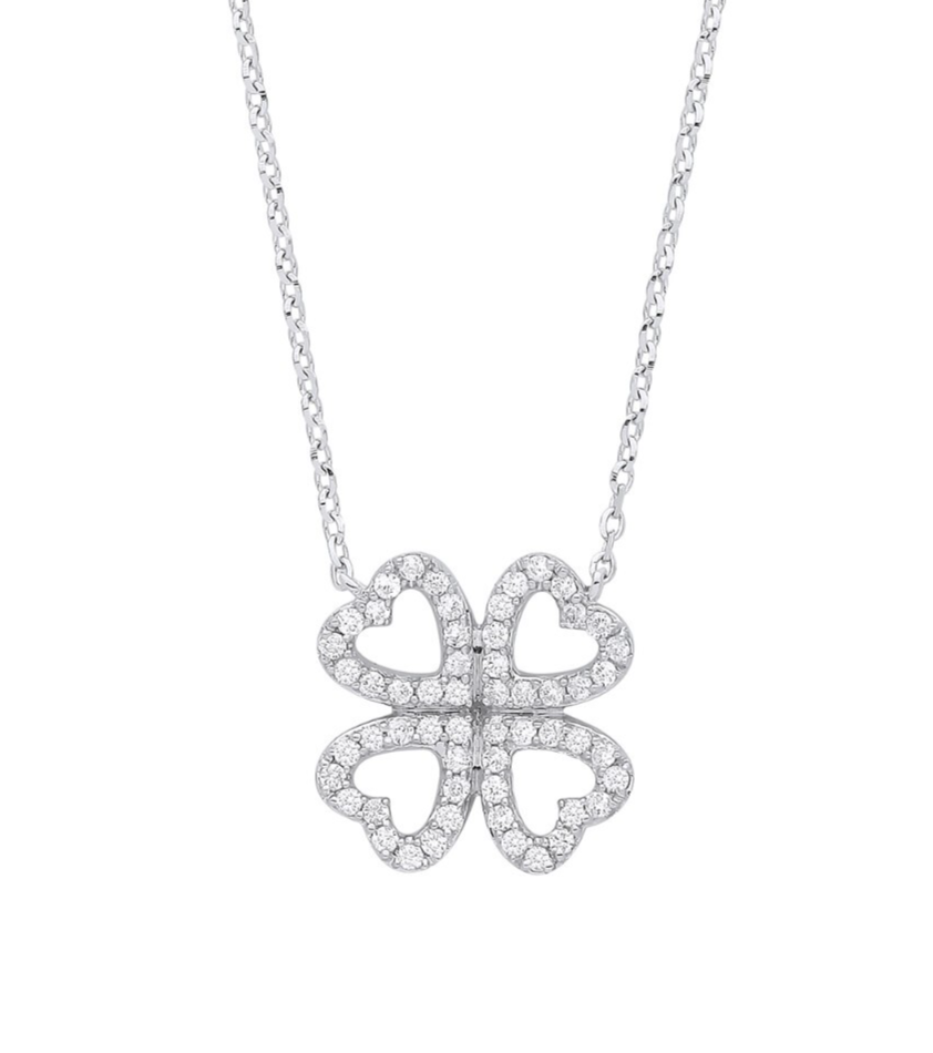 9ct White Gold 0.18ct Diamonds Four Leaf Clover Necklace (18in/45cm) Chain