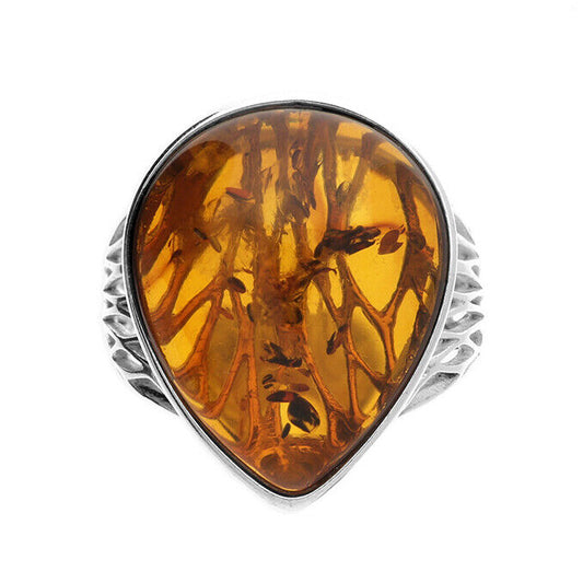 Cognac Amber Teardrop Ring Open Patterned Shoulders Solid Sterling Silver 925