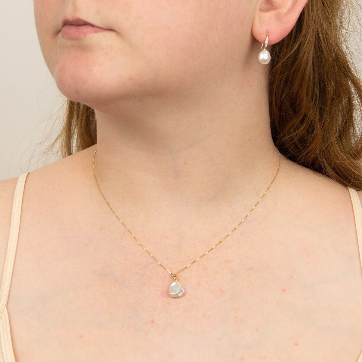Keshi Pearl and Diamond Pendant and Earrings Set Yellow Gold 16 18 or 20" Chain