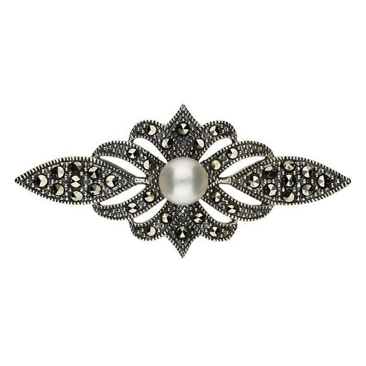 Vintage Style Bar Brooch Marcasite and Freshwater Pearl 925 Sterling Silver