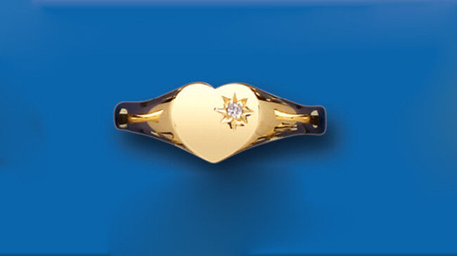 Diamond Heart Signet Ring Heavyweight Yellow Gold Ladies Hallmarked size L - Q