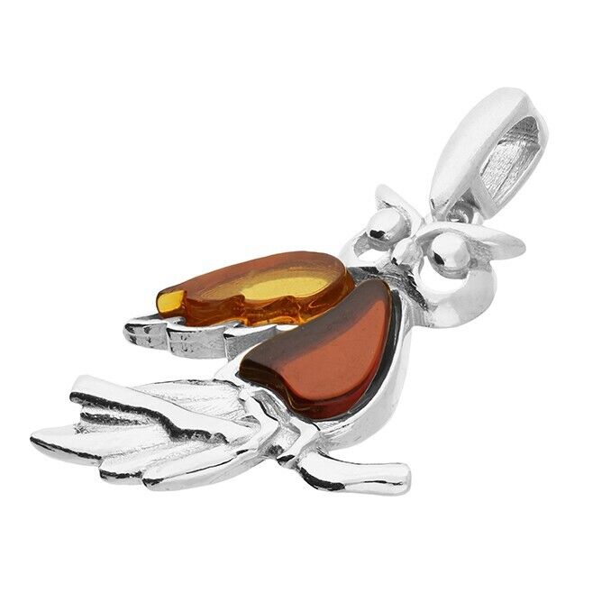 Mixed Amber Owl on Leafy Branch Pendant and Chain Solid Sterling Silver 925