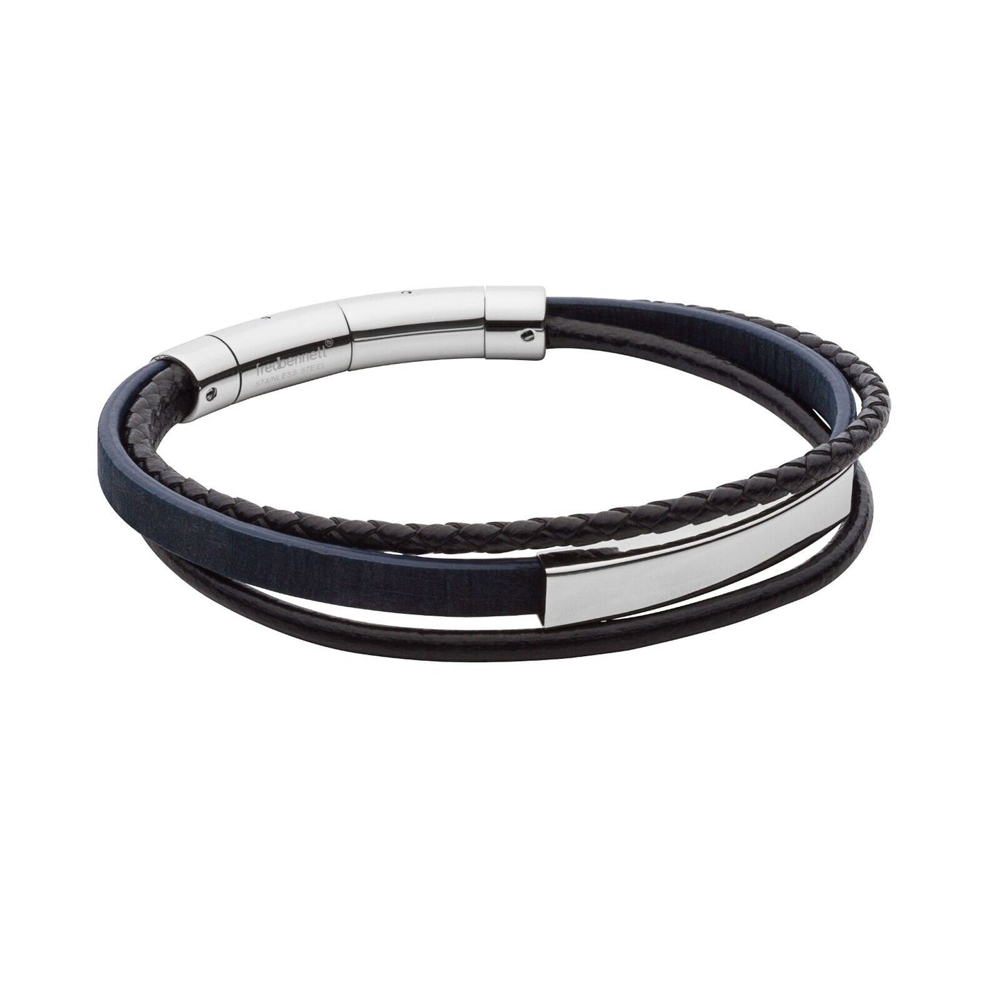 Fred Bennett Blue Multi Cork and Leather Bracelet ID Bar 22.5cm Free Engraving