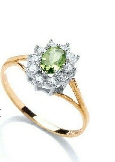 9ct Yellow Gold Peridot Ring Cluster Engagement Dress Fully Hallmarked