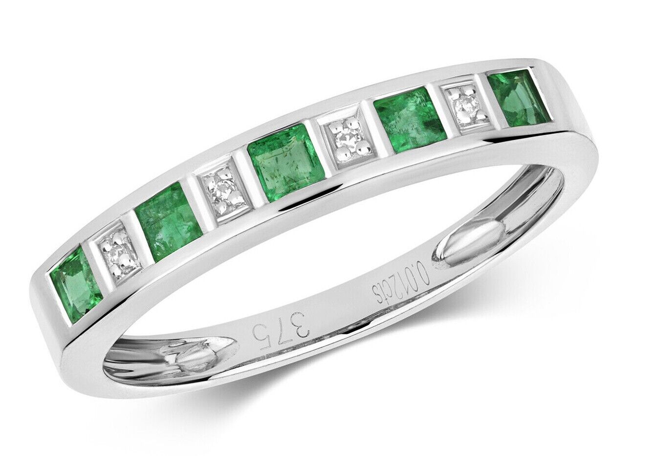 Real Emerald and Diamond Eternity Ring Solid White Gold Square Anniversary Band