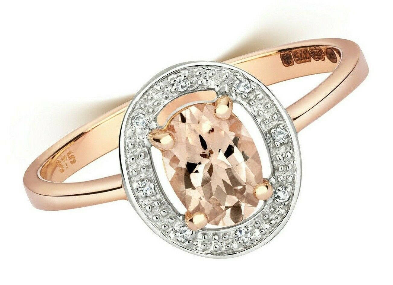 Real Morganite and Diamond Ring Solid Rose Gold Oval Halo Cluster Size J - Q